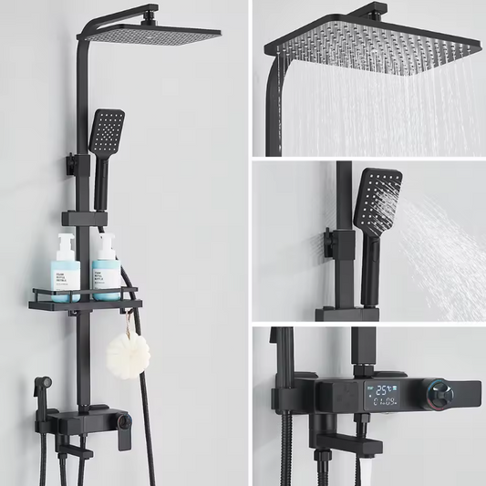 Black Digital Display Thermostatic Shower Faucets Rainfall Shower Thermostatic 4-way Mixer Commodity Shelf Bidet Faucet Shower