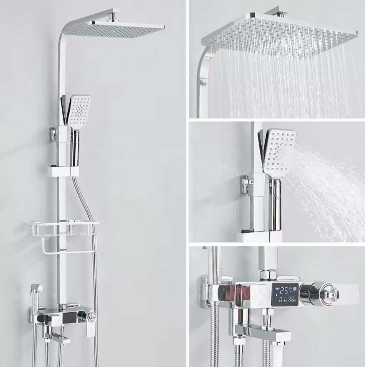Black Digital Display Thermostatic Shower Faucets Rainfall Shower Thermostatic 4-way Mixer Commodity Shelf Bidet Faucet Shower