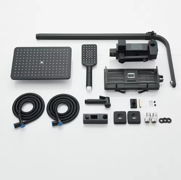 Black Digital Display Thermostatic Shower Faucets Rainfall Shower Thermostatic 4-way Mixer Commodity Shelf Bidet Faucet Shower