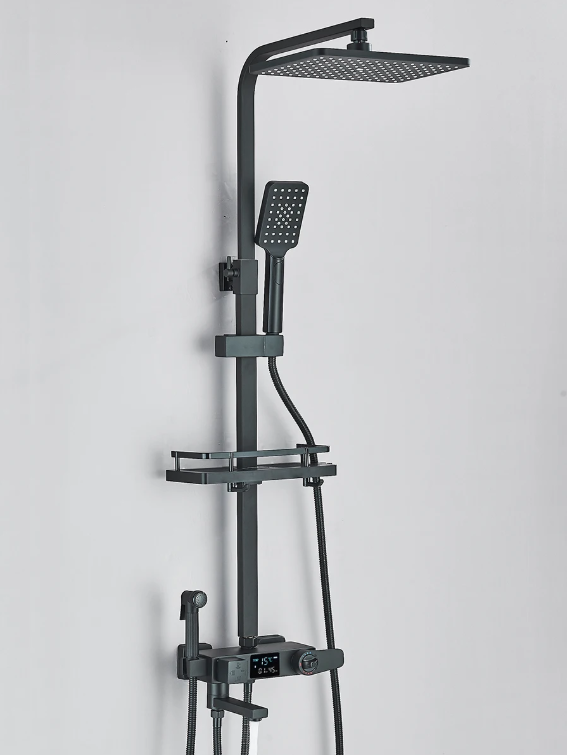 Black Digital Display Thermostatic Shower Faucets Rainfall Shower Thermostatic 4-way Mixer Commodity Shelf Bidet Faucet Shower