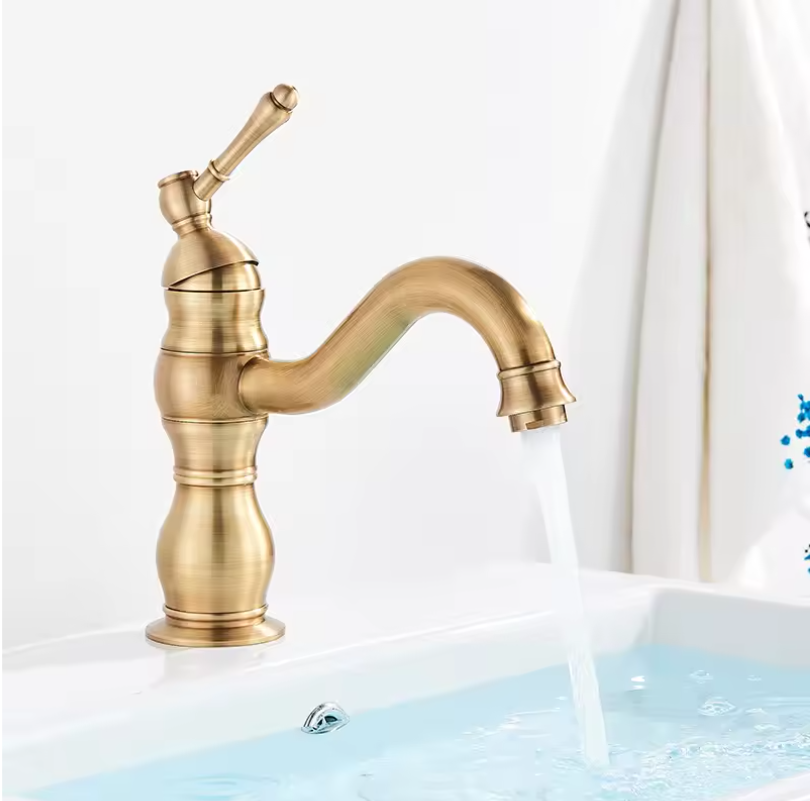 Antieke Messing Wastafelkraan met Mengfunctie – Badkamerkraan voor Warm en Koud Water