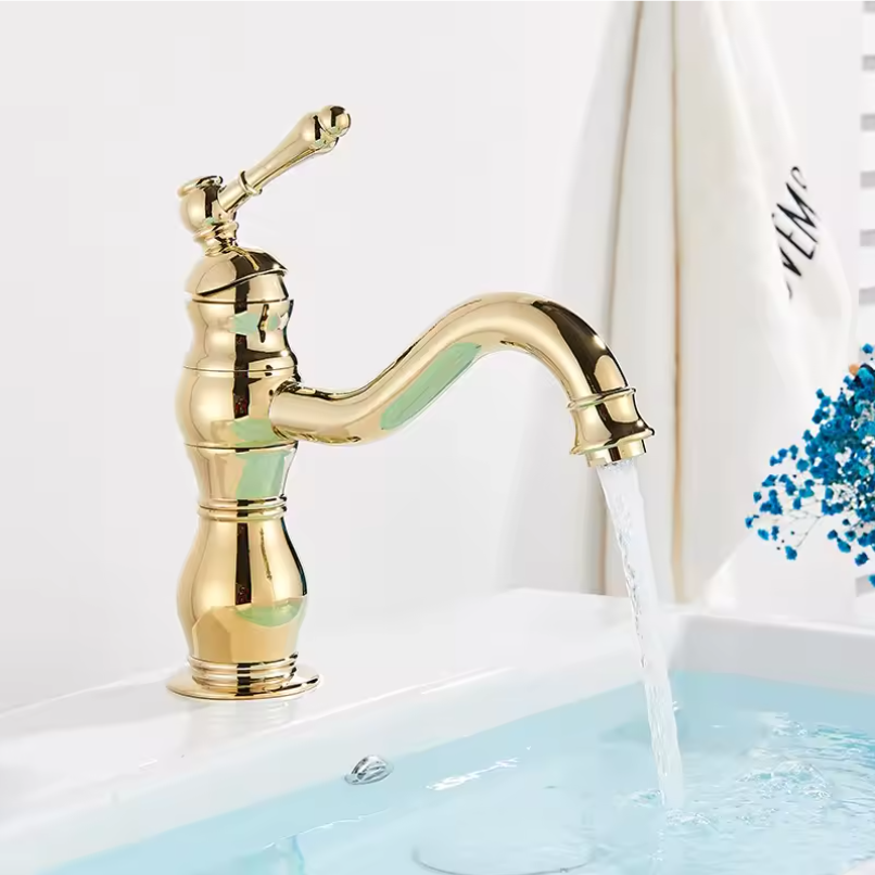 Antieke Messing Wastafelkraan met Mengfunctie – Badkamerkraan voor Warm en Koud Water