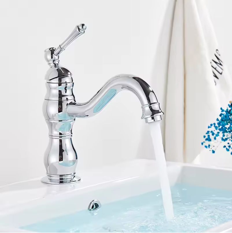 Antieke Messing Wastafelkraan met Mengfunctie – Badkamerkraan voor Warm en Koud Water