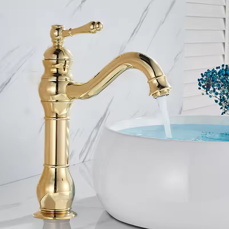 Antieke Messing Wastafelkraan met Mengfunctie – Badkamerkraan voor Warm en Koud Water