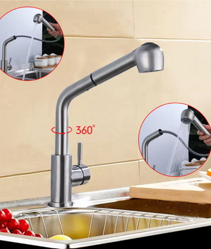 360° Draaibare Uittrekbare Keukenkraan met Douchefunctie – Warm en Koud Water, RVS en Keramisch Ventiel