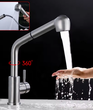 360° Draaibare Uittrekbare Keukenkraan met Douchefunctie – Warm en Koud Water, RVS en Keramisch Ventiel