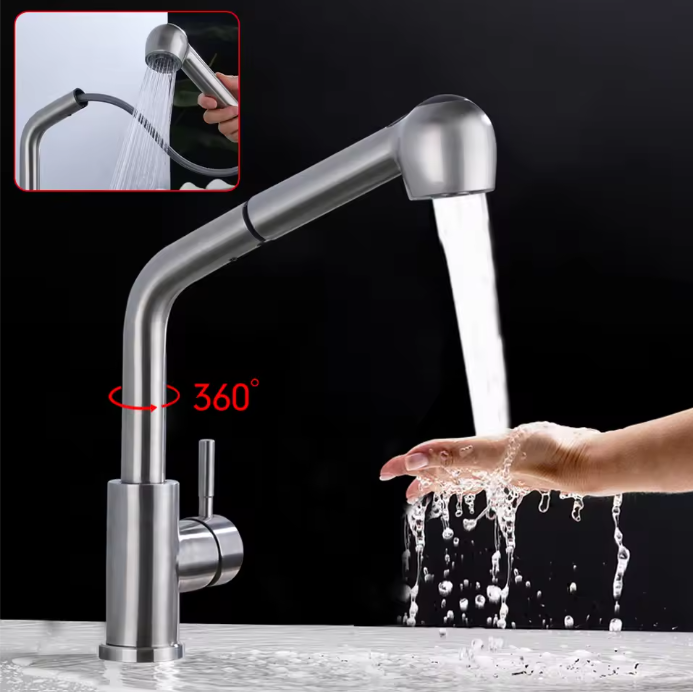 360° Draaibare Uittrekbare Keukenkraan met Douchefunctie – Warm en Koud Water, RVS en Keramisch Ventiel