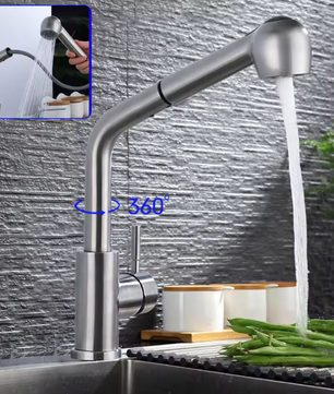 360° Draaibare Uittrekbare Keukenkraan met Douchefunctie – Warm en Koud Water, RVS en Keramisch Ventiel