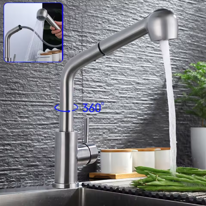 360° Draaibare Uittrekbare Keukenkraan met Douchefunctie – Warm en Koud Water, RVS en Keramisch Ventiel
