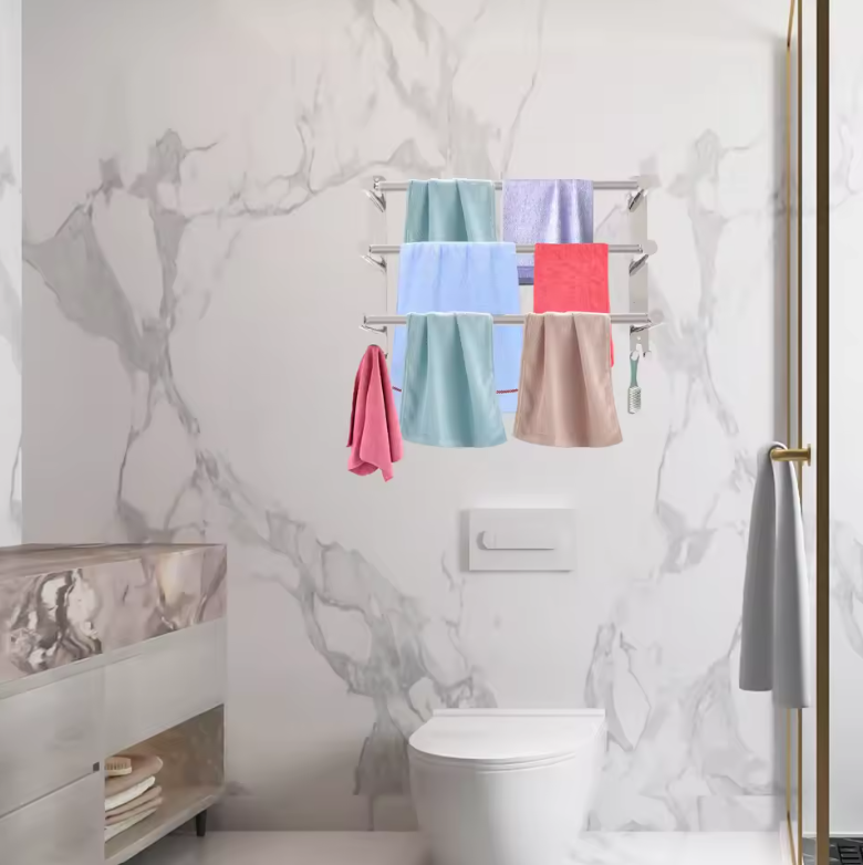 Uitschuifbaar Handdoekrek met 3 Stangen en Haken – RVS Wandmontage