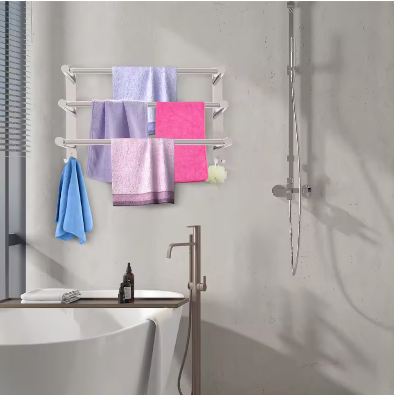 Uitschuifbaar Handdoekrek met 3 Stangen en Haken – RVS Wandmontage