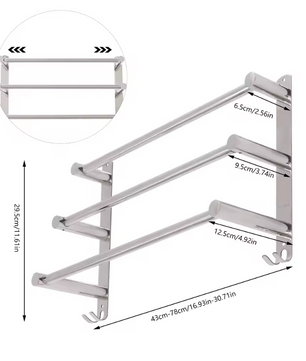 Uitschuifbaar Handdoekrek met 3 Stangen en Haken – RVS Wandmontage
