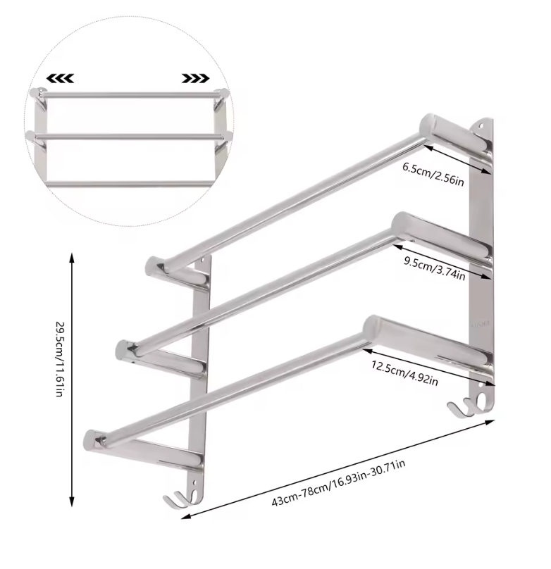 Uitschuifbaar Handdoekrek met 3 Stangen en Haken – RVS Wandmontage