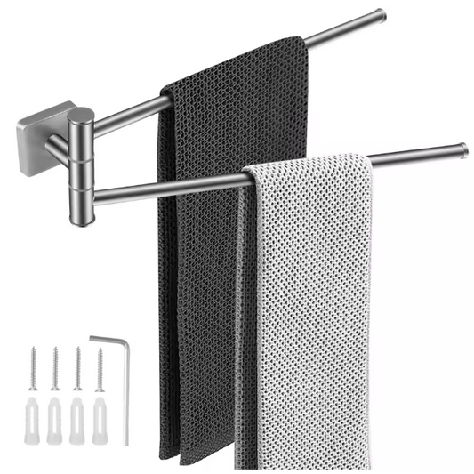 Dubbele Draaibare Handdoekhouder met Boorbevestiging – RVS 304, Ruimtebesparend en Duurzaam, 34 cm