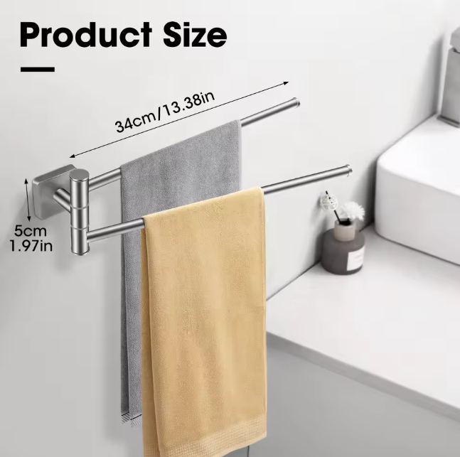 Dubbele Draaibare Handdoekhouder met Boorbevestiging – RVS 304, Ruimtebesparend en Duurzaam, 34 cm