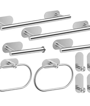 Zelfklevende Badkamer Accessoire Set zonder Boren – Handdoekhouder, Papierhouder en Haak van RVS