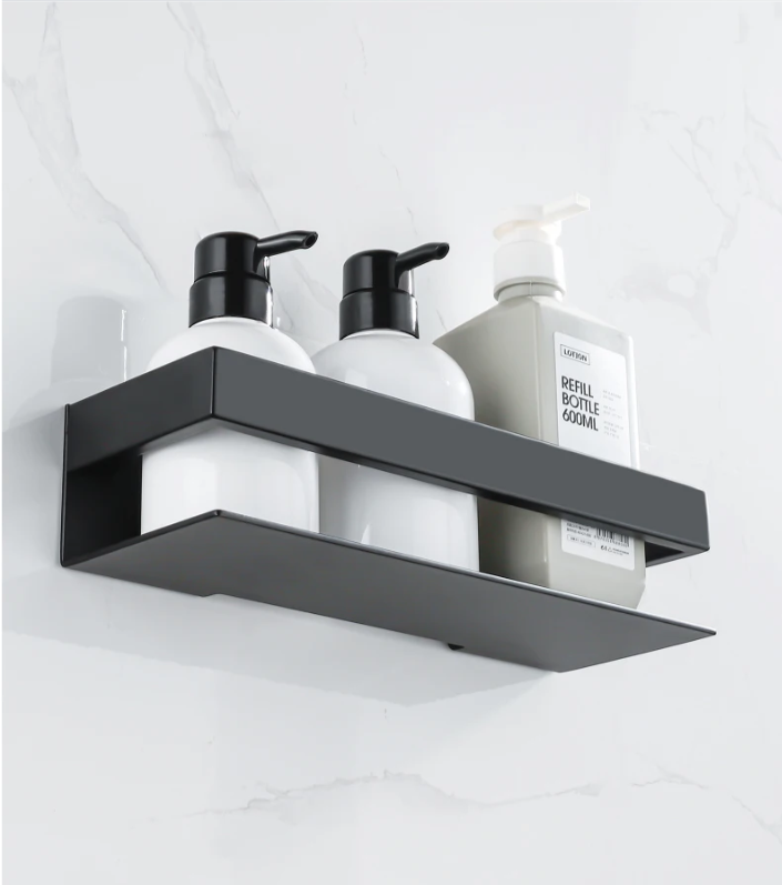 Wandgemonteerde Badkamerplank van Aluminium met RVS Stang – Mat Zwart