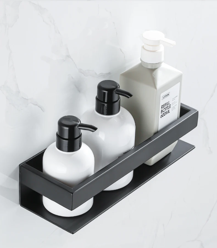 Wandgemonteerde Badkamerplank van Aluminium met RVS Stang – Mat Zwart