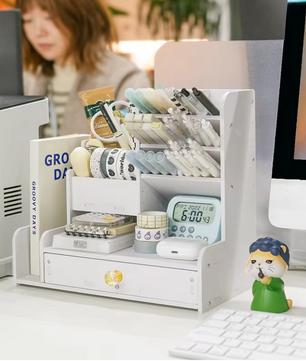 Houten Bureau Organizer met Pennenhouder – Praktische Opbergoplossing voor Thuis en Kantoor