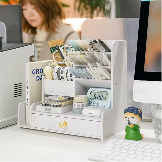 Houten Bureau Organizer met Pennenhouder – Praktische Opbergoplossing voor Thuis en Kantoor