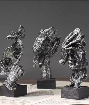 Set van 3 Abstracte Sculpturen 16 cm – “Silence Is Gold” Decoratie voor Bureau en Boekenplank