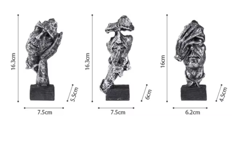 Set van 3 Abstracte Sculpturen 16 cm – “Silence Is Gold” Decoratie voor Bureau en Boekenplank