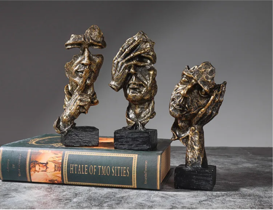 Set van 3 Abstracte Sculpturen 16 cm – “Silence Is Gold” Decoratie voor Bureau en Boekenplank