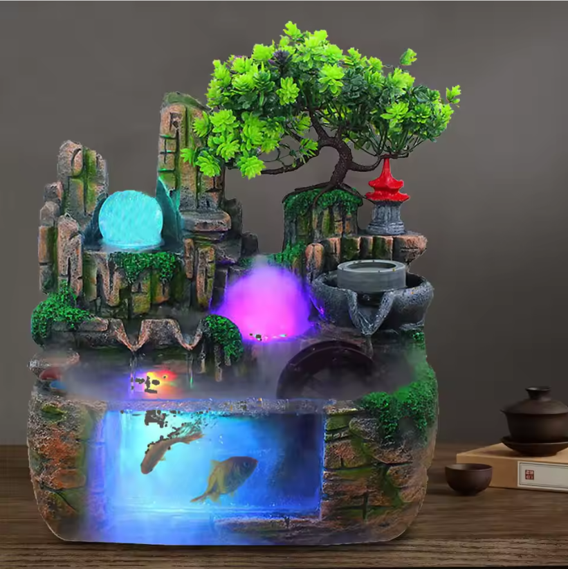 Tafel Waterfontein met Waterval, LED Verlichting en Vernevelaar – Moderne Interieurdecoratie