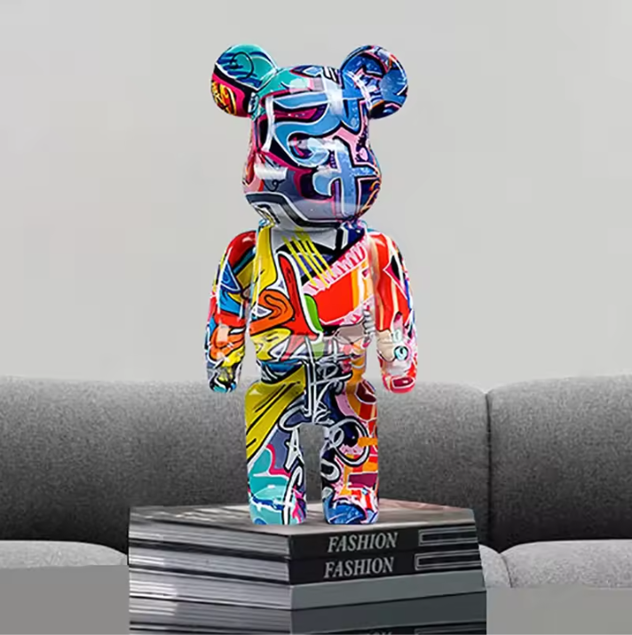 Graffiti Beer Decoratief Beeld met Opbergschaal – Moderne Abstracte Dieren Sculptuur voor Interieurdecoratie