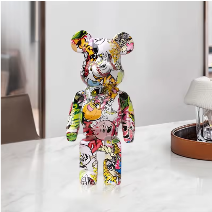 Graffiti Beer Decoratief Beeld met Opbergschaal – Moderne Abstracte Dieren Sculptuur voor Interieurdecoratie
