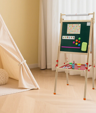 Dubbelzijdige Staande Kinder Schilderezel met Opbergplank – Verstelbare Houten Tekenezel