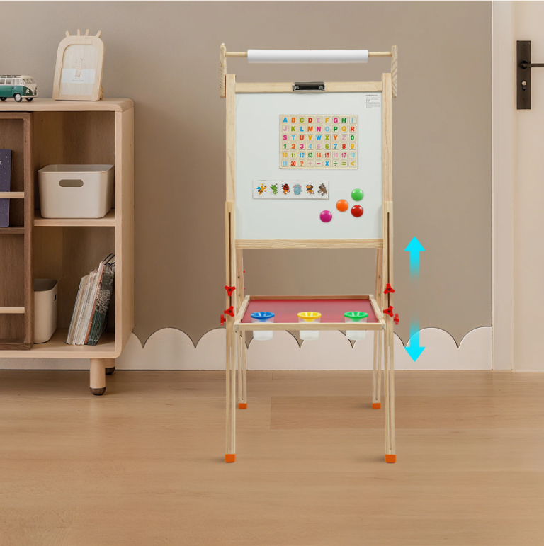 Dubbelzijdige Staande Kinder Schilderezel met Opbergplank – Verstelbare Houten Tekenezel