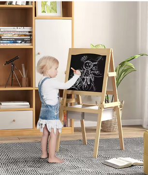 3-in-1 Kinder Schilderezel met Papierrol – Houten Tekenbord met Opbergmanden