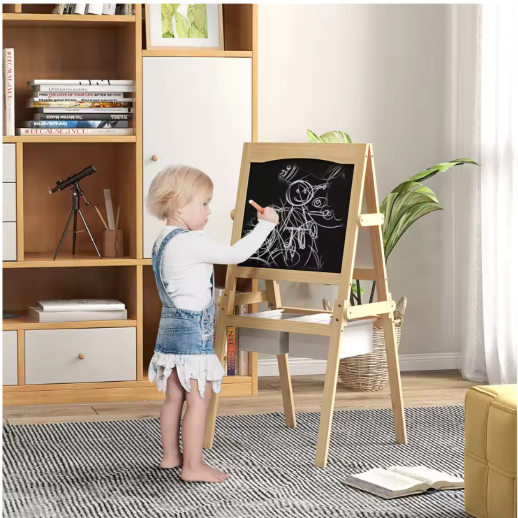 3-in-1 Kinder Schilderezel met Papierrol – Houten Tekenbord met Opbergmanden