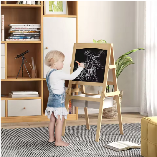 3-in-1 Kinder Schilderezel met Papierrol – Houten Tekenbord met Opbergmanden