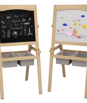 3-in-1 Kinder Schilderezel met Papierrol – Houten Tekenbord met Opbergmanden