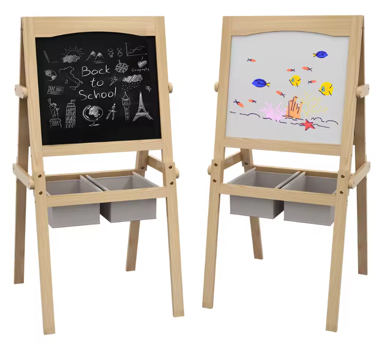 3-in-1 Kinder Schilderezel met Papierrol – Houten Tekenbord met Opbergmanden