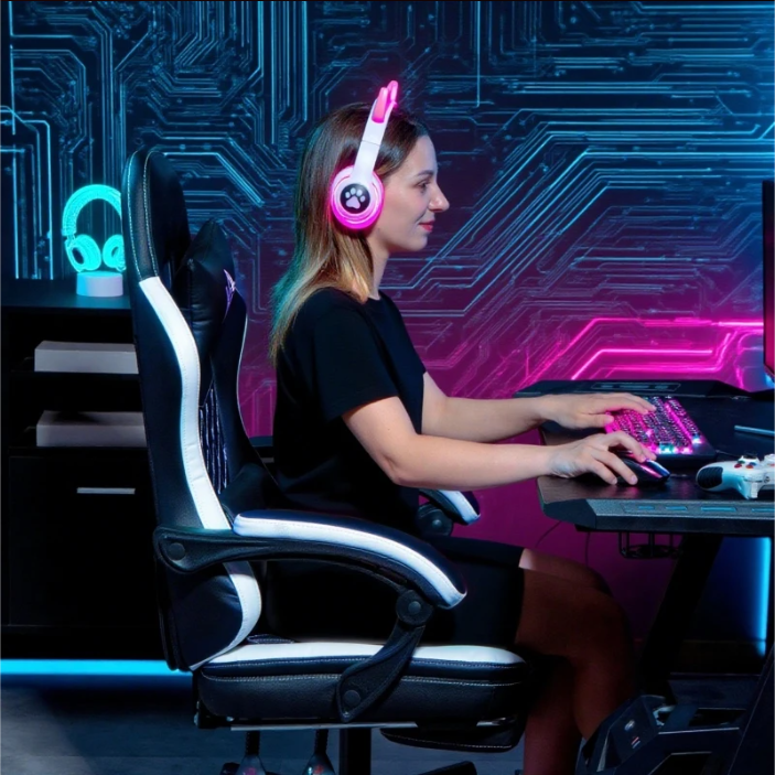 Ergonomische Gamingstoel met Voetensteun – Verstelbare Computerstoel met Hoofd- en Lendenkussen