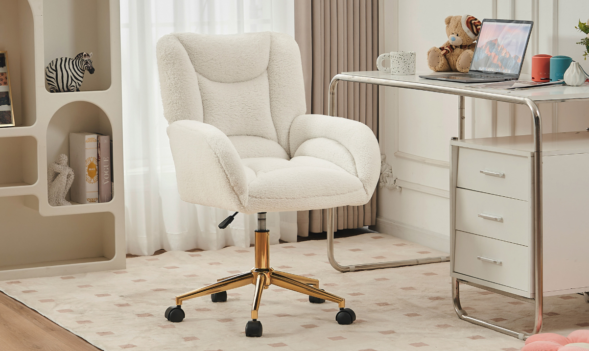 Verstelbare Make-up- en Werkstoel met Rugleuning – Teddy Stof en Comfortabele Zitting