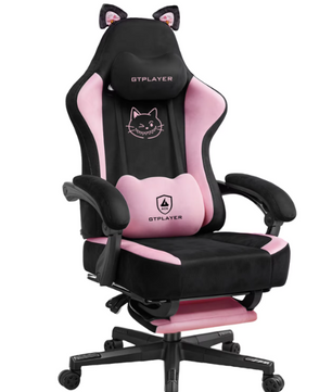 Schattige Gamingstoel met Kattenoren – Fluwelen Ergonomische Bureaustoel met Voetensteun en Memory Foam, Belastbaar tot 150 kg