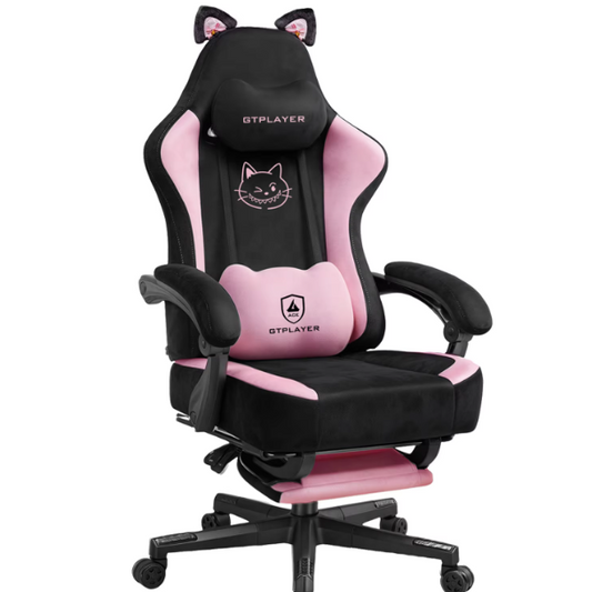 Schattige Gamingstoel met Kattenoren – Fluwelen Ergonomische Bureaustoel met Voetensteun en Memory Foam, Belastbaar tot 150 kg