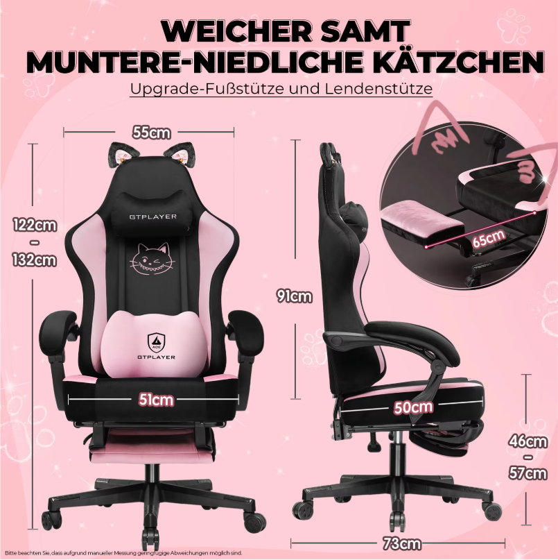 Schattige Gamingstoel met Kattenoren – Fluwelen Ergonomische Bureaustoel met Voetensteun en Memory Foam, Belastbaar tot 150 kg
