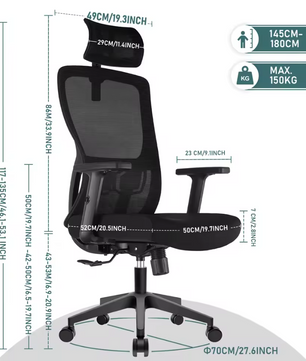Ergonomische Bureaustoel met Hoofdsteun en Lendensteun – Ademende Mesh Draaistoel