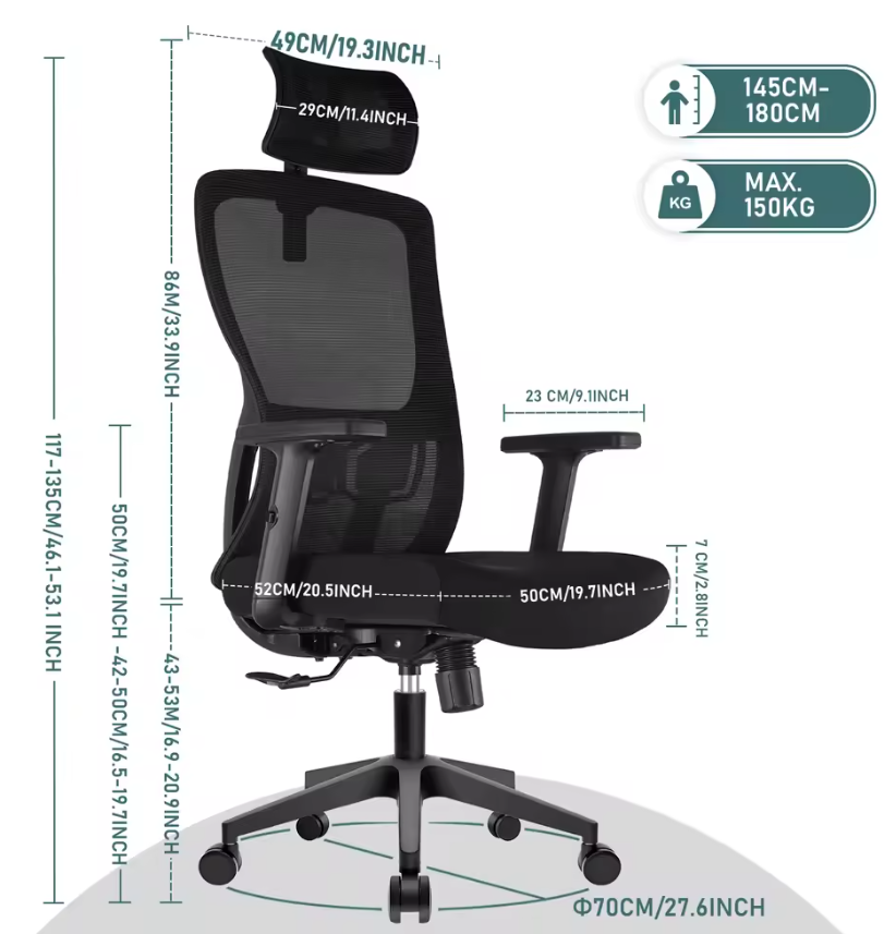 Ergonomische Bureaustoel met Hoofdsteun en Lendensteun – Ademende Mesh Draaistoel