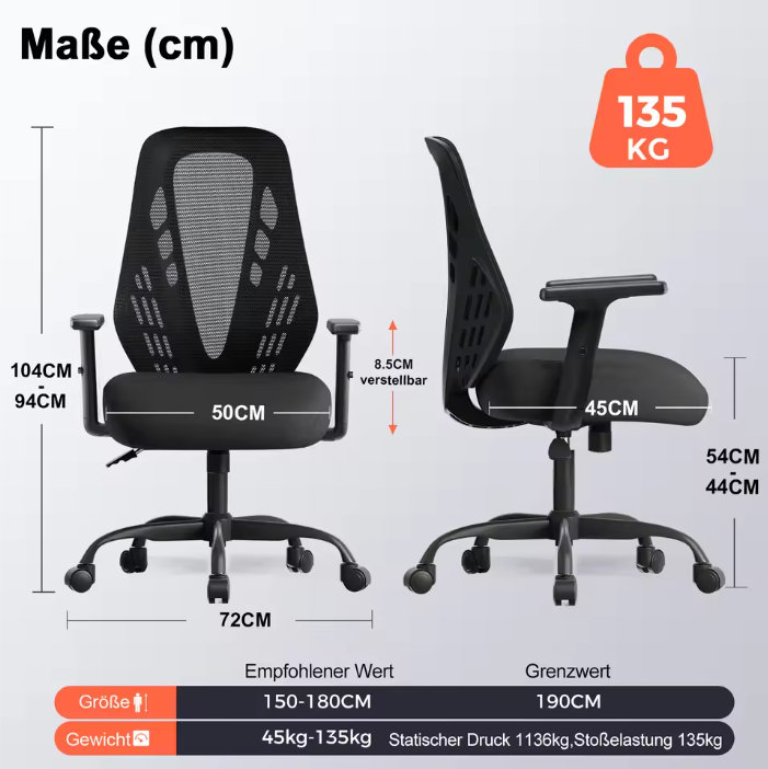 Ergonomische Bureaustoel met Verstelbare Armleuningen en Ademend Mesh – Schommelmechanisme en V-Vormige Rugleuning