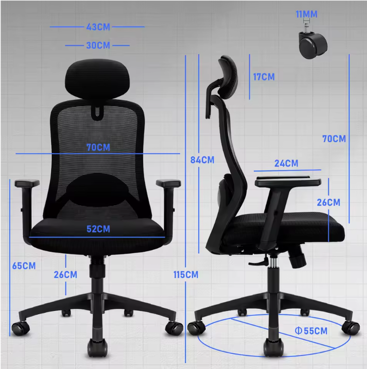 Ergonomische Hoge Bureaustoel met Hoofdsteun en Verstelbare Lendensteun – Kantelbaar 90–130° Mesh Design