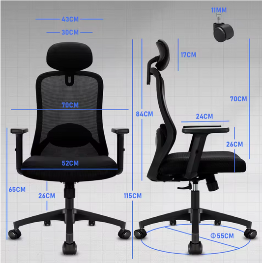 Ergonomische Hoge Bureaustoel met Hoofdsteun en Verstelbare Lendensteun – Kantelbaar 90–130° Mesh Design