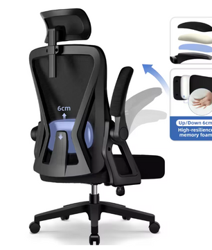 Ergonomische Bureaustoel met Verstelbare Hoofdsteun en Lendensteun – Kantelbaar 90–135° met Opklapbare Armleuningen