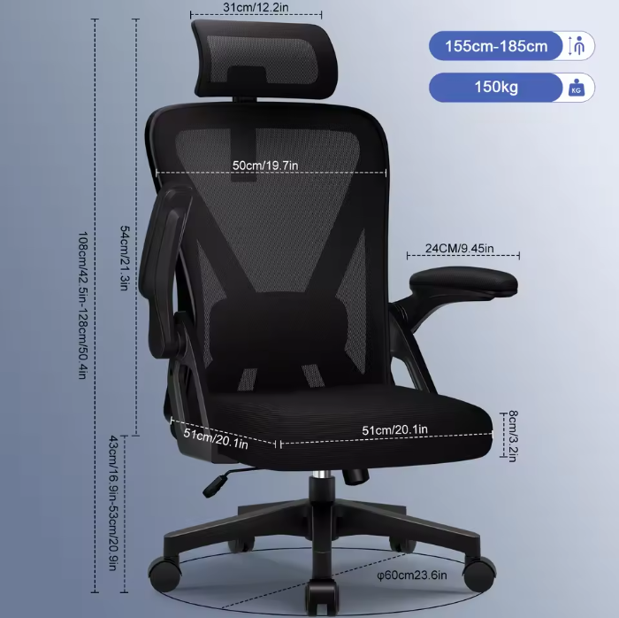 Ergonomische Bureaustoel met Verstelbare Hoofdsteun en Lendensteun – Kantelbaar 90–135° met Opklapbare Armleuningen