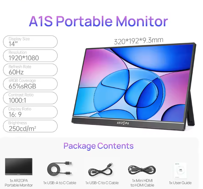 14 inch Draagbare Full HD IPS Monitor – Ultradun Tweede Scherm met USB-C en HDMI